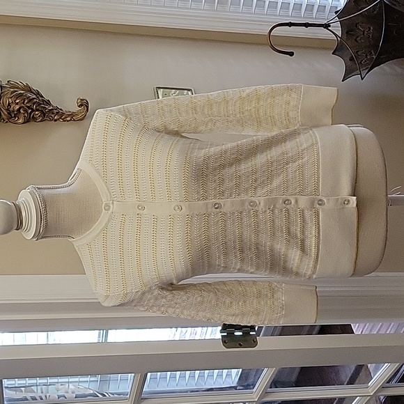 Ann Taylor Factory yellow white stripe cardigan sweater button up 3/4 slv M EUC… - Picture 1 of 8